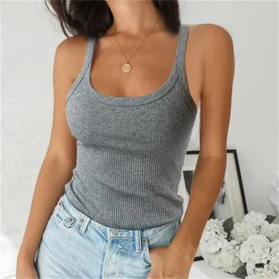 Women Basic Sleeveless Knitted U Neck Casual Solid Color Tank Top