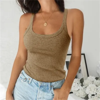Women Basic Sleeveless Knitted U Neck Casual Solid Color Tank Top