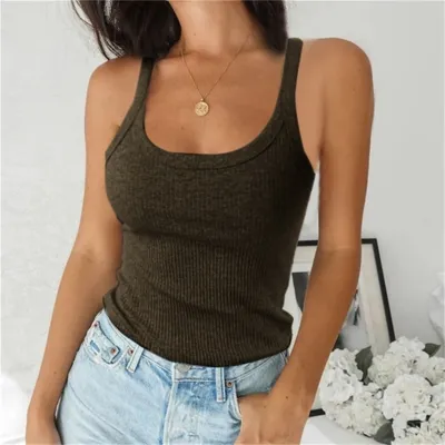 Women Basic Sleeveless Knitted U Neck Casual Solid Color Tank Top