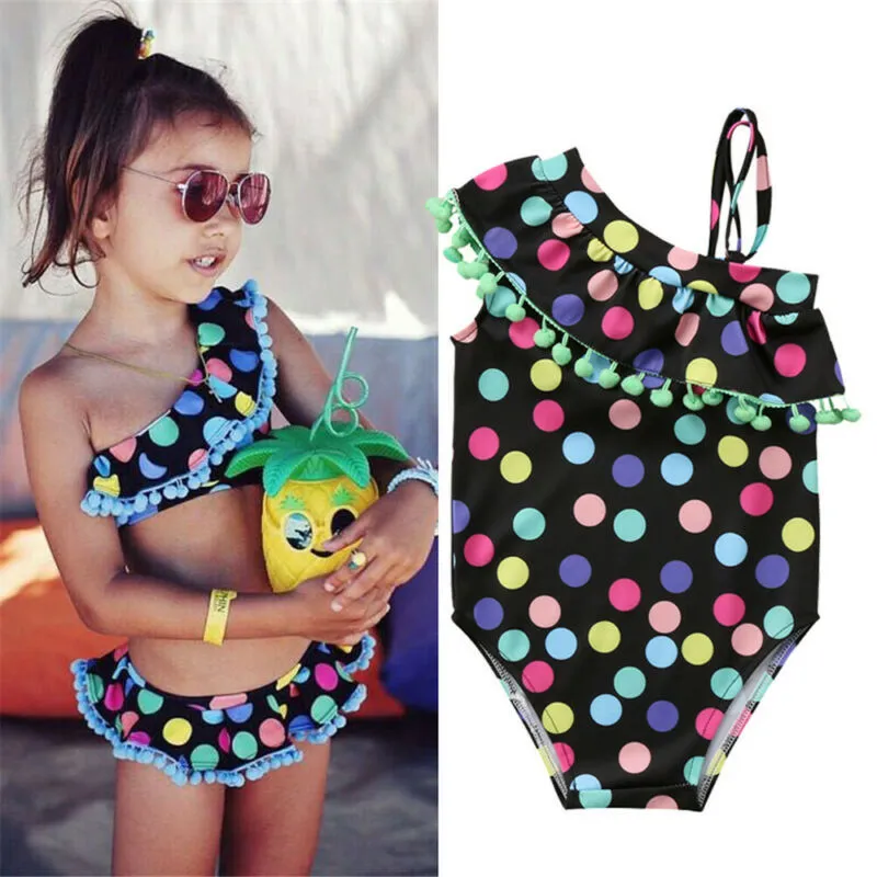 Kids Baby Girls Cute Colorful Polka Dot All Over Print Oblique Shoulder Swimsuit