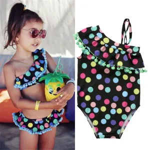 Kids Baby Girls Cute Colorful Polka Dot All Over Print Oblique Shoulder Swimsuit