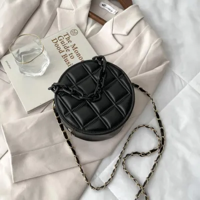 Women Cute Chain Zipper Design Solid Color Plaid Embossing PU Round Crossbody Bag