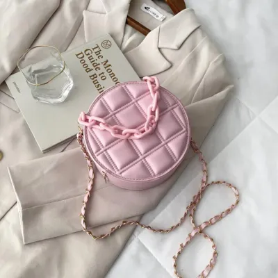 Women Cute Chain Zipper Design Solid Color Plaid Embossing PU Round Crossbody Bag