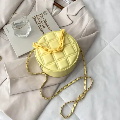 Women Cute Chain Zipper Design Solid Color Plaid Embossing PU Round Crossbody Bag