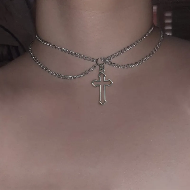 Women Gothic Cross Pendant Double Layer Alloy Chocker Necklace