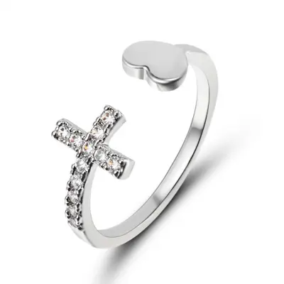 Women Classic Rhinestone Cross Design Adjustable Opening Metal Ring