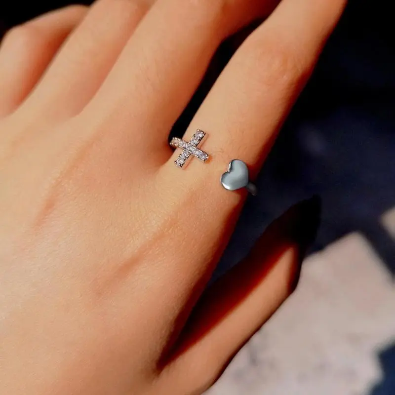 Women Classic Rhinestone Cross Design Adjustable Opening Metal Ring