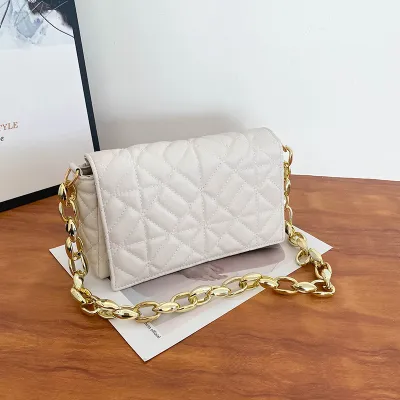 Women Fashion Chain Stitching Design Solid Plaid PU Shoulder Bag