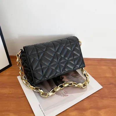 Women Fashion Chain Stitching Design Solid Plaid PU Shoulder Bag