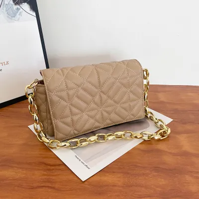 Women Fashion Chain Stitching Design Solid Plaid PU Shoulder Bag