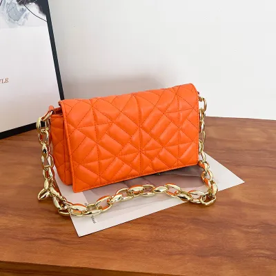 Women Fashion Chain Stitching Design Solid Plaid PU Shoulder Bag