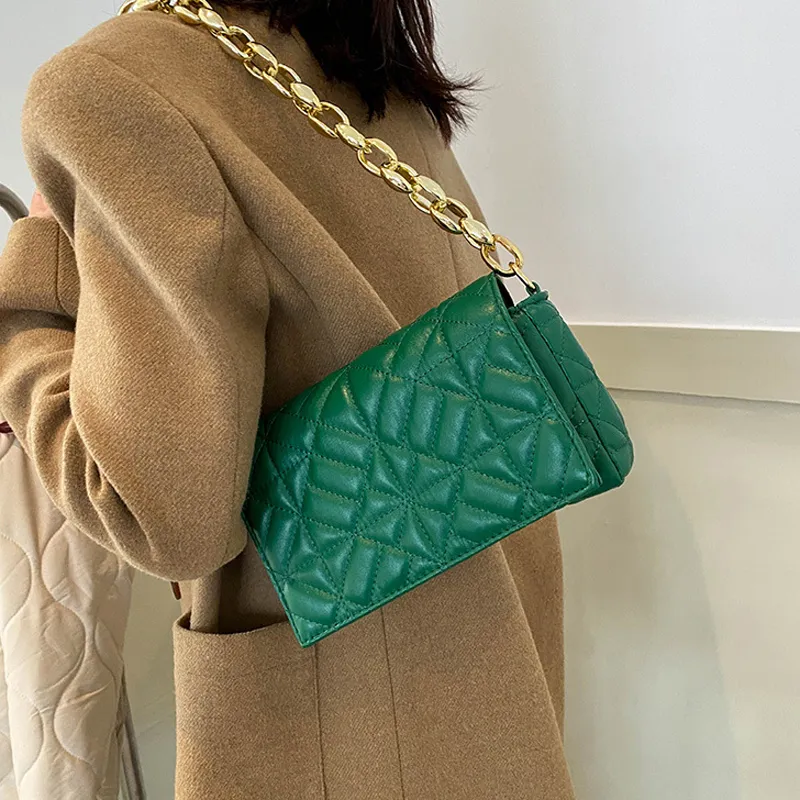 Women Fashion Chain Stitching Design Solid Plaid PU Shoulder Bag