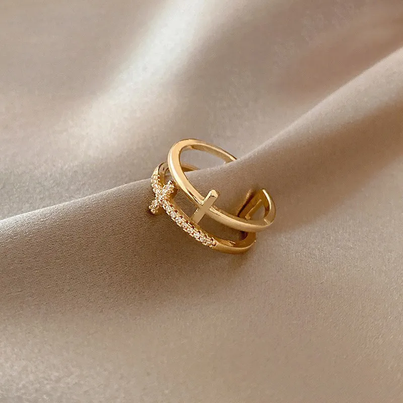 Women Simple Stackable Cubic Zircon Cross Design Silver Ring Engagement Hiphop