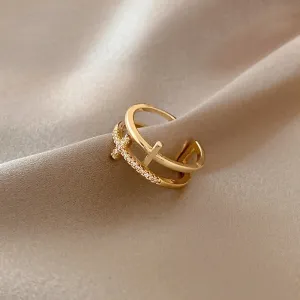 Women Simple Stackable Cubic Zircon Cross Design Silver Ring Engagement Hiphop
