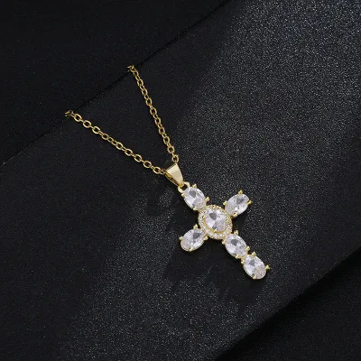 Unisex Simple Cubic Zirconia Cross Pendant Stainless Steel Necklace