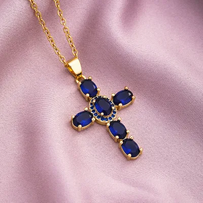 Unisex Simple Cubic Zirconia Cross Pendant Stainless Steel Necklace