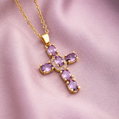 Unisex Simple Cubic Zirconia Cross Pendant Stainless Steel Necklace
