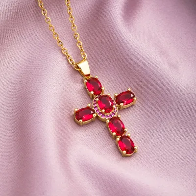Unisex Simple Cubic Zirconia Cross Pendant Stainless Steel Necklace