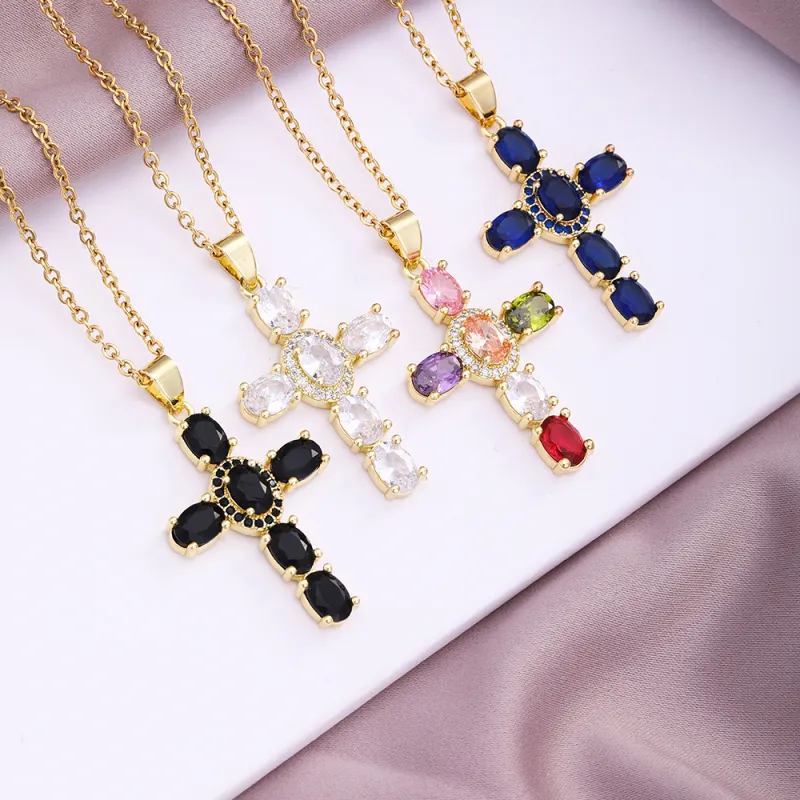 Unisex Simple Cubic Zirconia Cross Pendant Stainless Steel Necklace