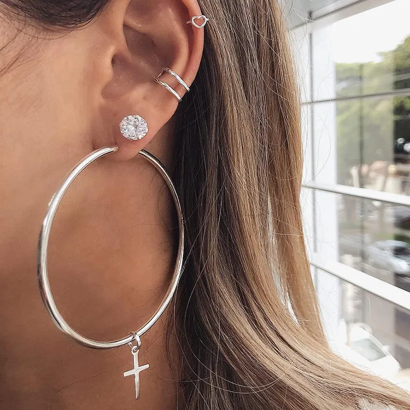 5 Pcs/Set Women Chic Cross Design Big Hoop And Stud Earrings Set