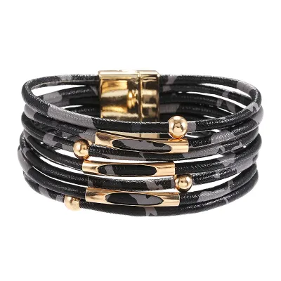 Women Retro Leopard Printed All-match Multilayer Bracelet Fashion Beaded Chain Link