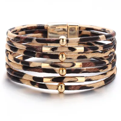 Women Retro Leopard Printed All-match Multilayer Bracelet Fashion Beaded Chain Link