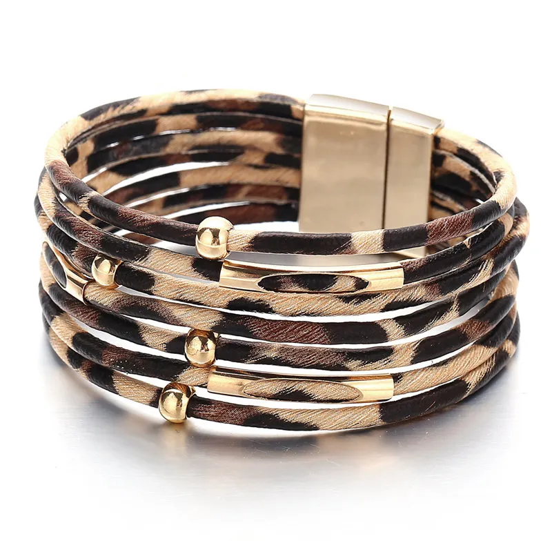 Women Retro Leopard Printed All-match Multilayer Bracelet Fashion Beaded Chain Link