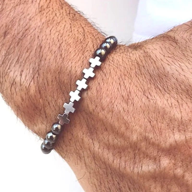 Men Natural Hematite Volcanic Beaded Cross Charm Bracelet