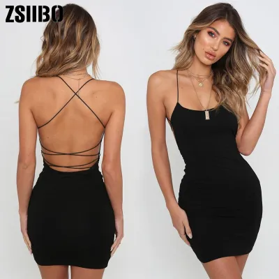 Women Sexy Summer Solid Color Backless Sleeveless Night Out Bodycon Mini Dress