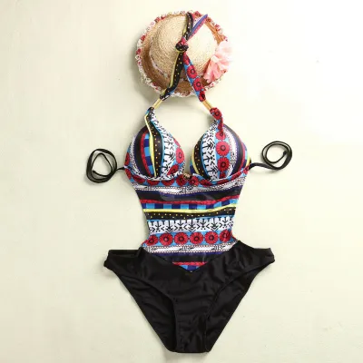 Women Vintage Halter Neck Color Blocking Backless One-Piece Swimsuit