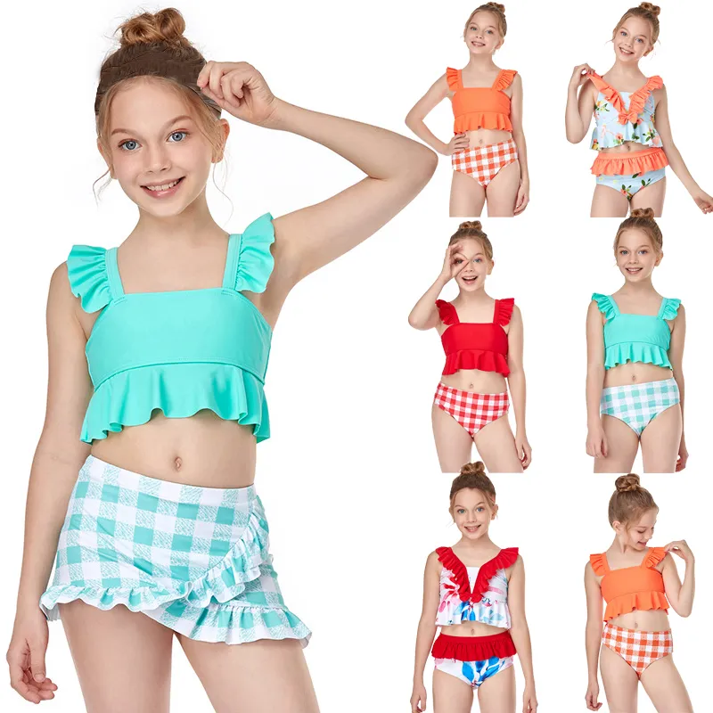 Wholesale Kids Girls Basic Ruffle Sleeveless Square Neck Plaid Bikini Two  Piece Set