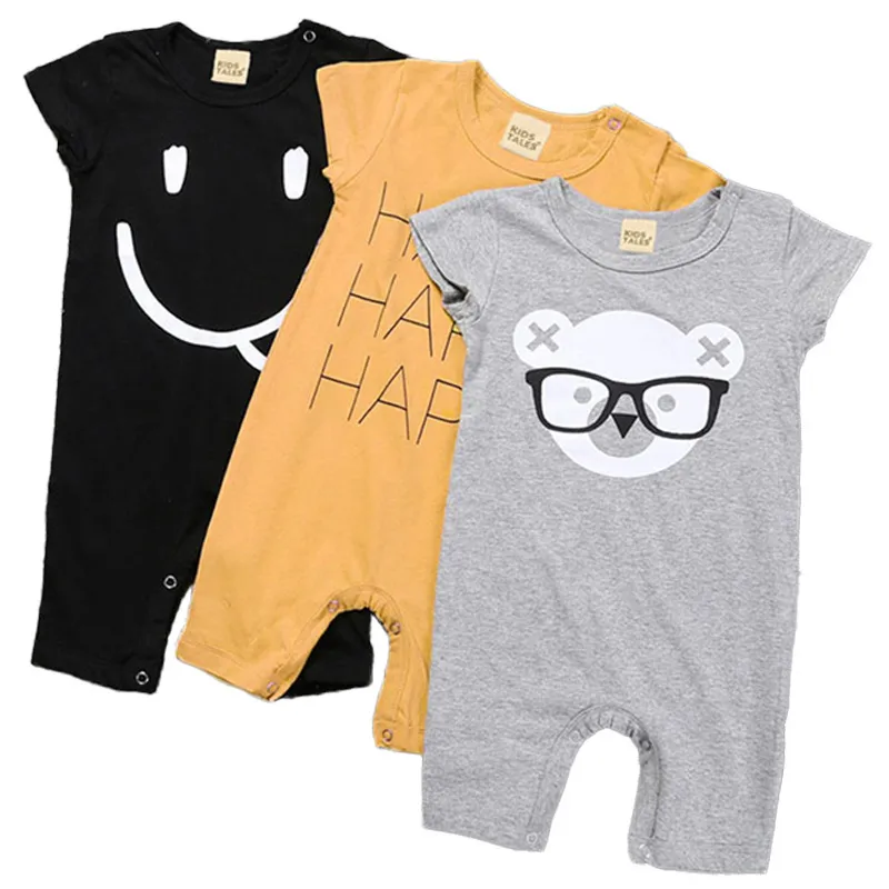 Baby Boys Cotton Round Neck Short Sleeve Cartoon Letter Romper Pullover