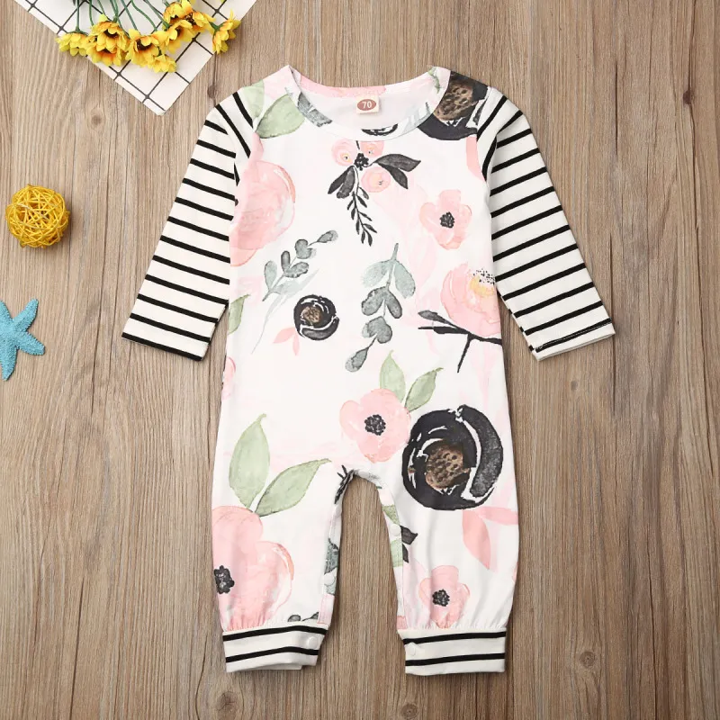 Baby Girls Round Neck Long Sleeve Floral Striped Jumpsuit Romper