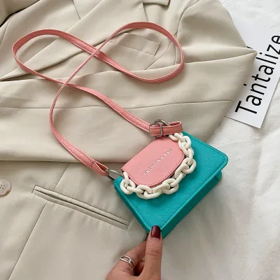 Women Creative Thick Chain Flap Design Color Blocking PU Mini Crossbody Bag