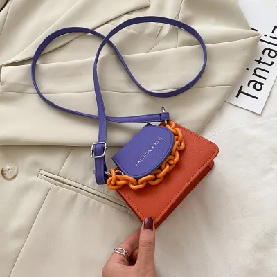Women Creative Thick Chain Flap Design Color Blocking PU Mini Crossbody Bag