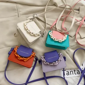 Women Creative Thick Chain Flap Design Color Blocking PU Mini Crossbody Bag