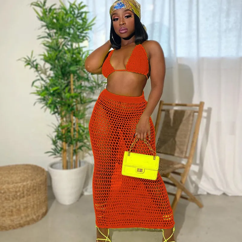 Summer Women Sexy Edgy Halter Neck Solid Color Knitted Hollow Out Top And See-through Skirt Two-piece Set
