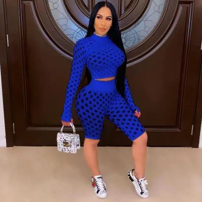 Women Night Out Hollow Out Long Sleeve Crop Top And Solid Color Shorts Two Piece Set
