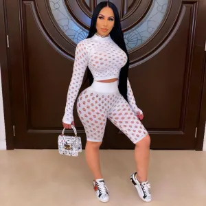 Women Night Out Hollow Out Long Sleeve Crop Top And Solid Color Shorts Two Piece Set