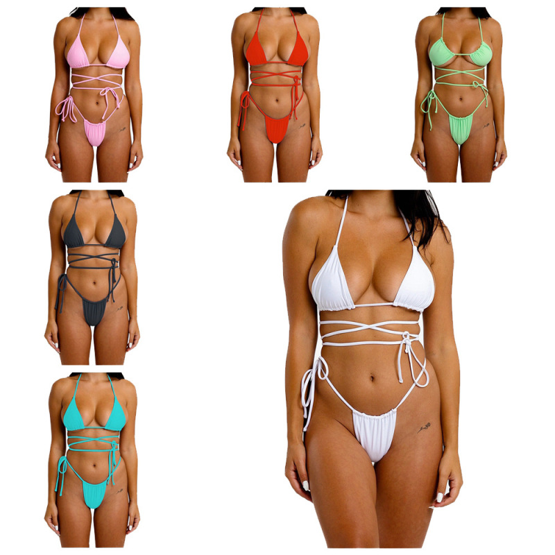 Wholesale Women Sexy Edgy Solid Color Halter Neck Bikini Swimwear