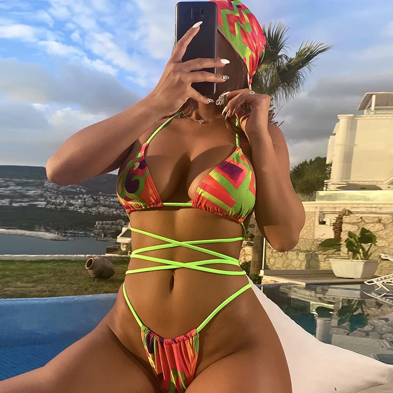 Women Sexy Edgy Halter Neck Color Blocking Bandage Backless Bikini Two Piece Set