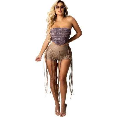 Women Summer Fashion Edgy PU Leather Solid Color Tassel Shorts