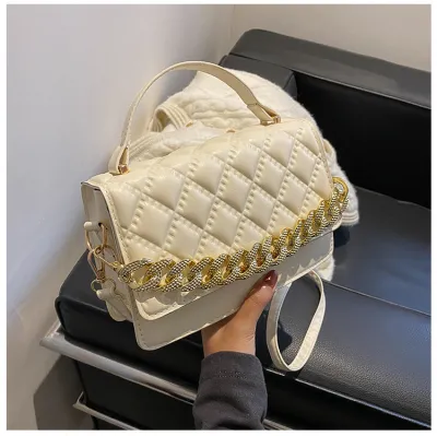 Women Fashion Thick Chain Rhombus Stitching Design Solid Color PU Crossbody Bag