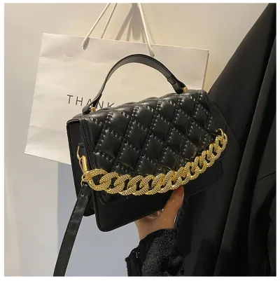 Women Fashion Thick Chain Rhombus Stitching Design Solid Color PU Crossbody Bag