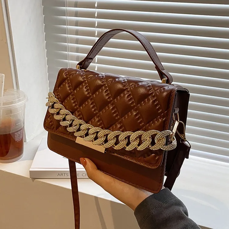 Women Fashion Thick Chain Rhombus Stitching Design Solid Color PU Crossbody Bag