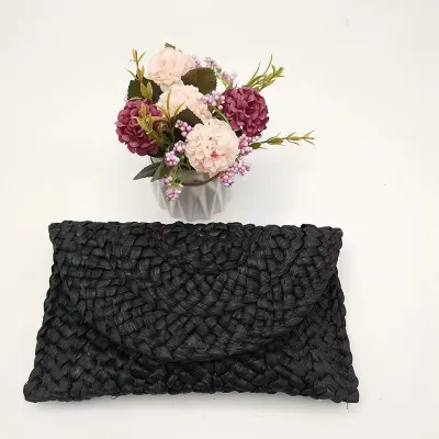 Women Bohemian Woven Straw Envelope Clutch Purse Bag with Magnetic Buckle