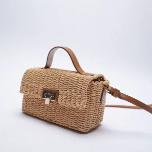 Women Casual Flap Buckle Straw Weave Crossbody Bag