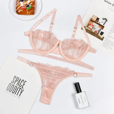 Women Lace Sexy Sleeveless Solid Color Cut Out See-through Bra Set