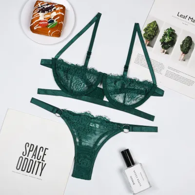 Women Lace Sexy Sleeveless Solid Color Cut Out See-through Bra Set