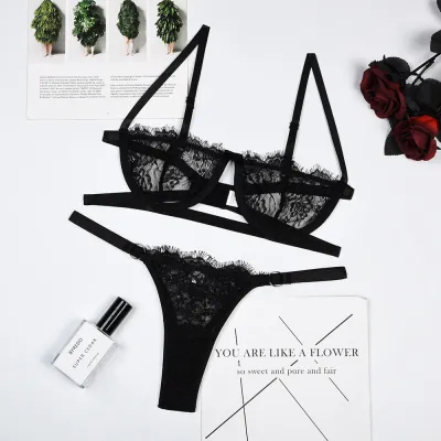 Women Lace Sexy Sleeveless Solid Color Cut Out See-through Bra Set